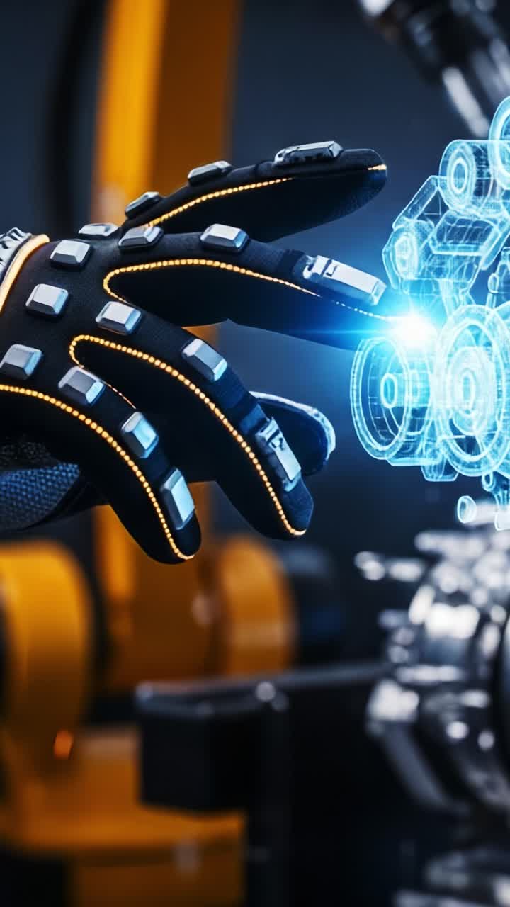 Innovativ robothandske med holografisk interface, der viser avanceret teknologi og fremtidige muligheder inden for automatisering og samarbejde mellem menneske og maskine
