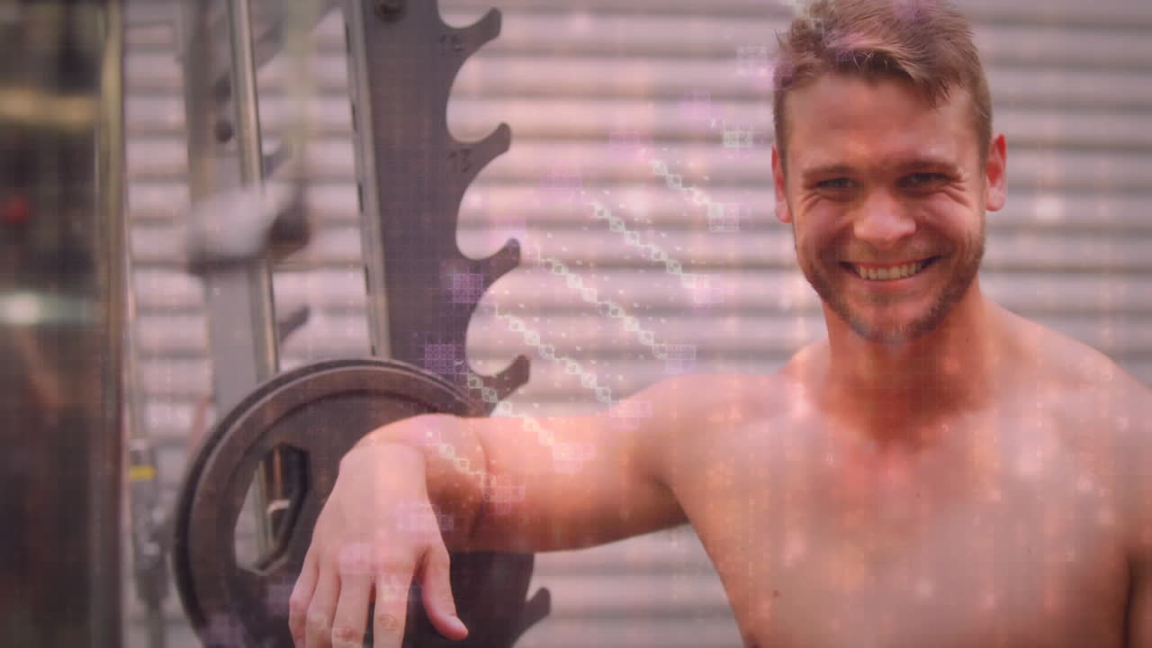 디지털 인터페이스의 애니메이션과 회전하는 dna  ⁇ 과 스포츠맨에 대한 데이터 처리