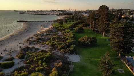 birdseye view of fremantle south beach park shoreline at dusk