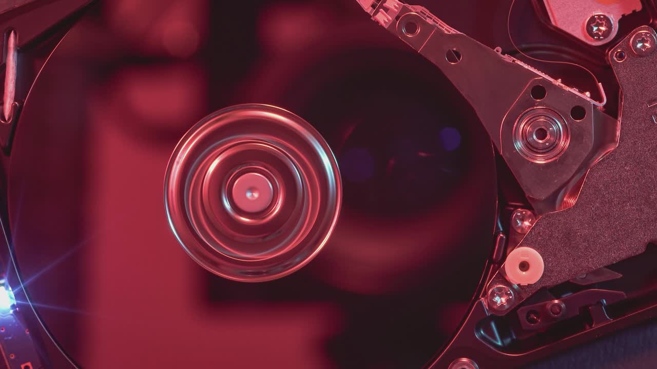Close-up view of working, opened hard disk