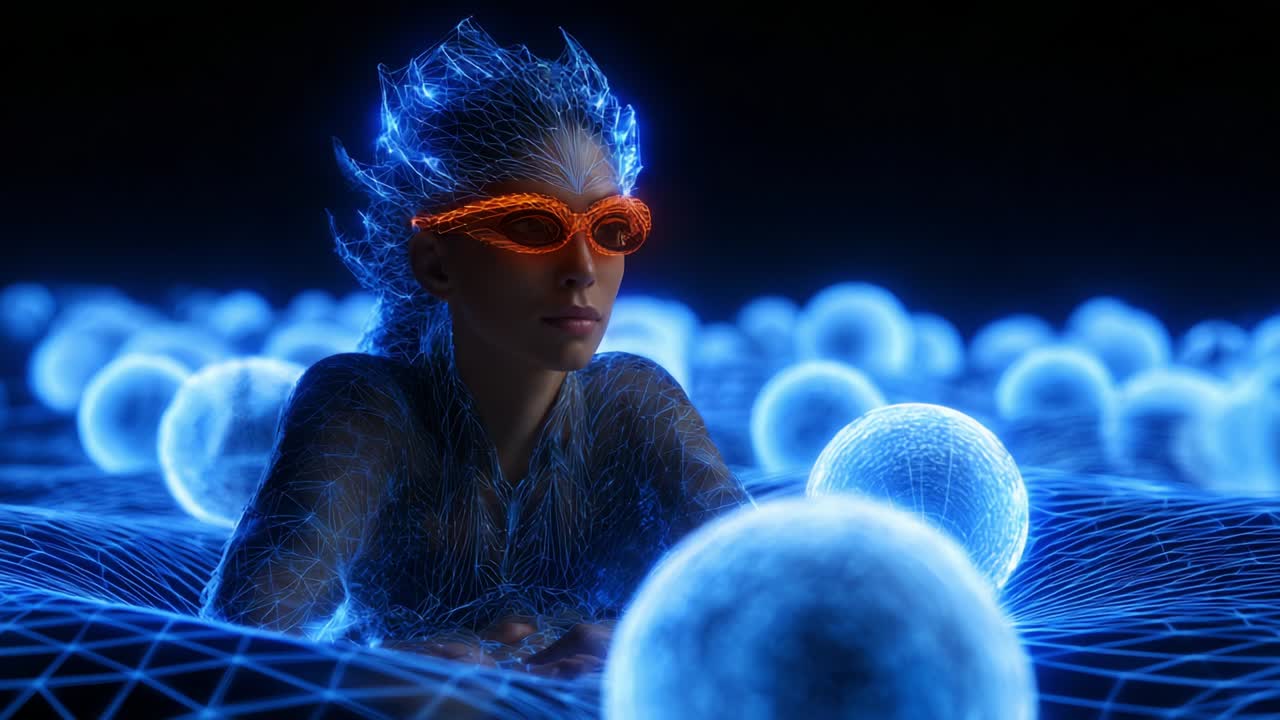 A stunning futuristic portrayal of a human figure with glowing hair and vibrant orange goggles, immersed in a digital landscape filled with radiant blue spheres, showcasing the fusion of technology and artistry