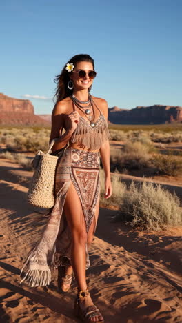 woman in boho-chic outfit walking through a desert landscape