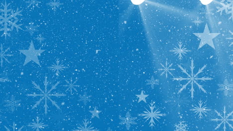 animation of snow falling over snowflakes and stars on blue background