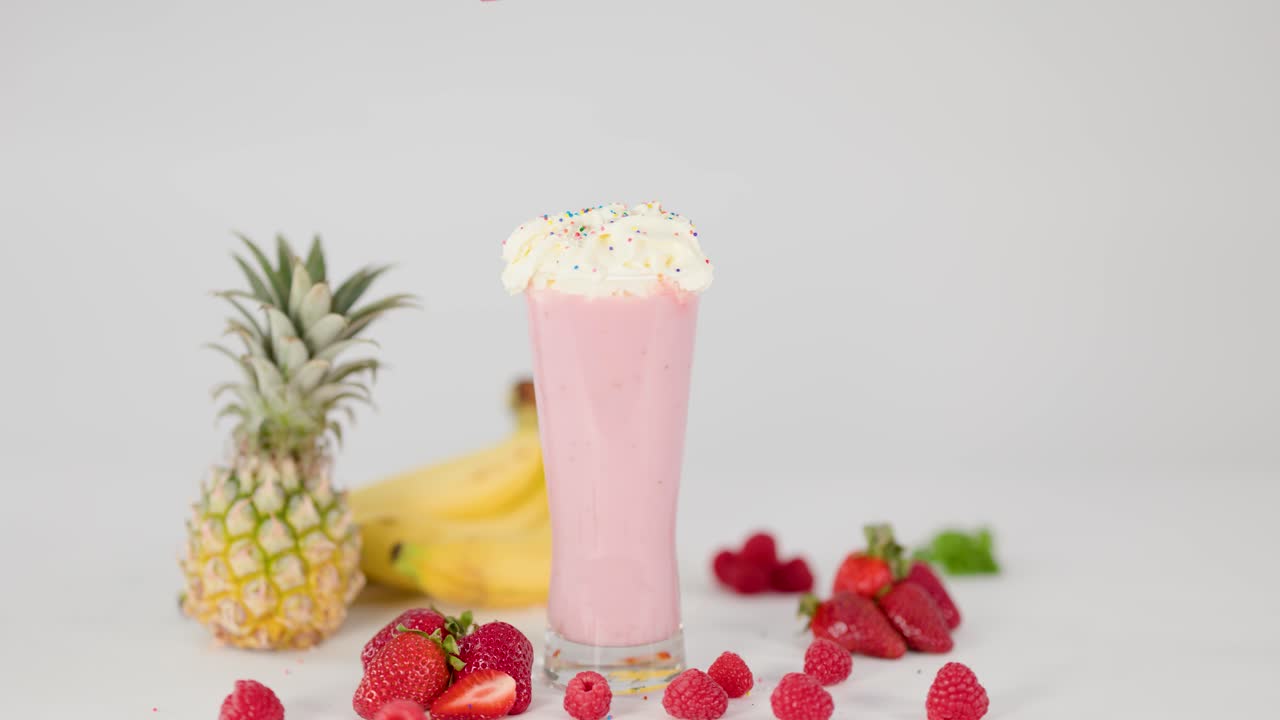 Hand places cherry on whipped cream smoothie, surrounded by fresh fruit under bright studio lighting