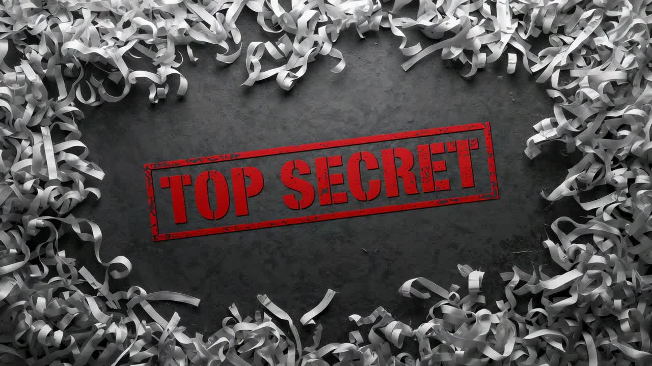 Showing shredded strips shifting around red TOP SECRET label on dark tabletop as frames advance