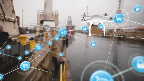Netzwerk-Digitaler-Symbole-über-Einer-Drohne,-Die-Eine-Lieferbox-Vor-Dem-Hafen-Im-Hintergrund-Trägt
