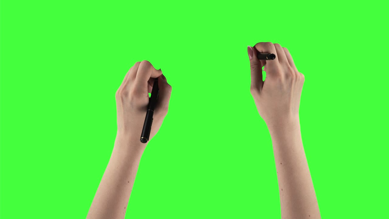 Pack of 24 gestures made by female hands which are writing by pen on a green screen background