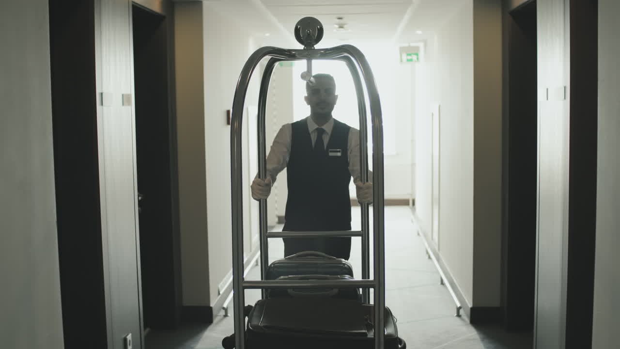 Mensageiro carregando carrinho de bagagem no corredor do hotel