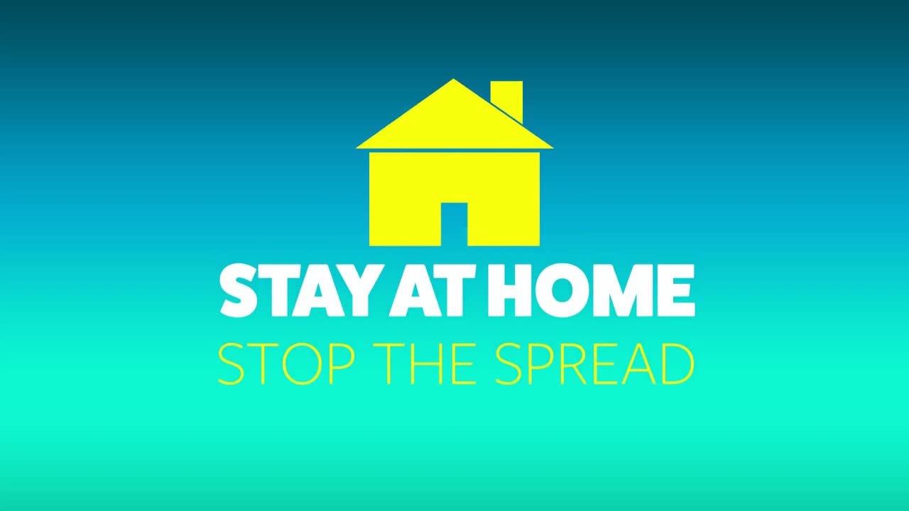 파란색 배경에 집에 머물라는 단어와 함께 노란색 집의 애니메이션