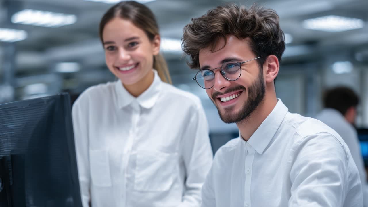 Happy colleagues enjoying their time together in a modern office environment, smiling and working at computers with a collaborative atmosphere and bright lighting