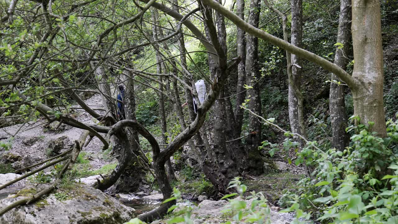 pareja con mochila caminando por el bosque por el arroyo