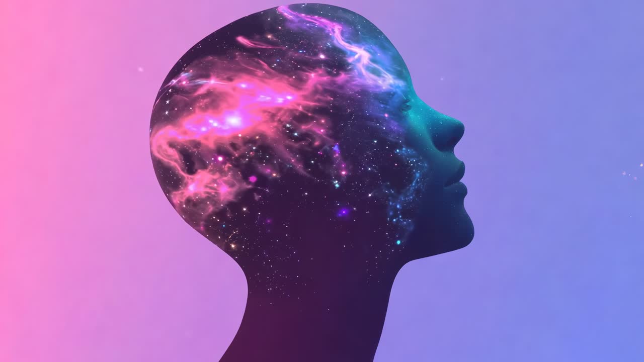 A surreal video concept with a side profile of a head filled with cosmic imagery
