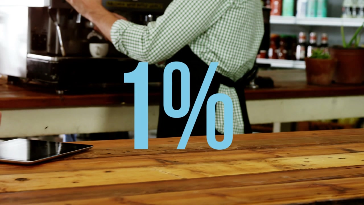 Animation of 8 percent over hands of caucasian barista making coffee