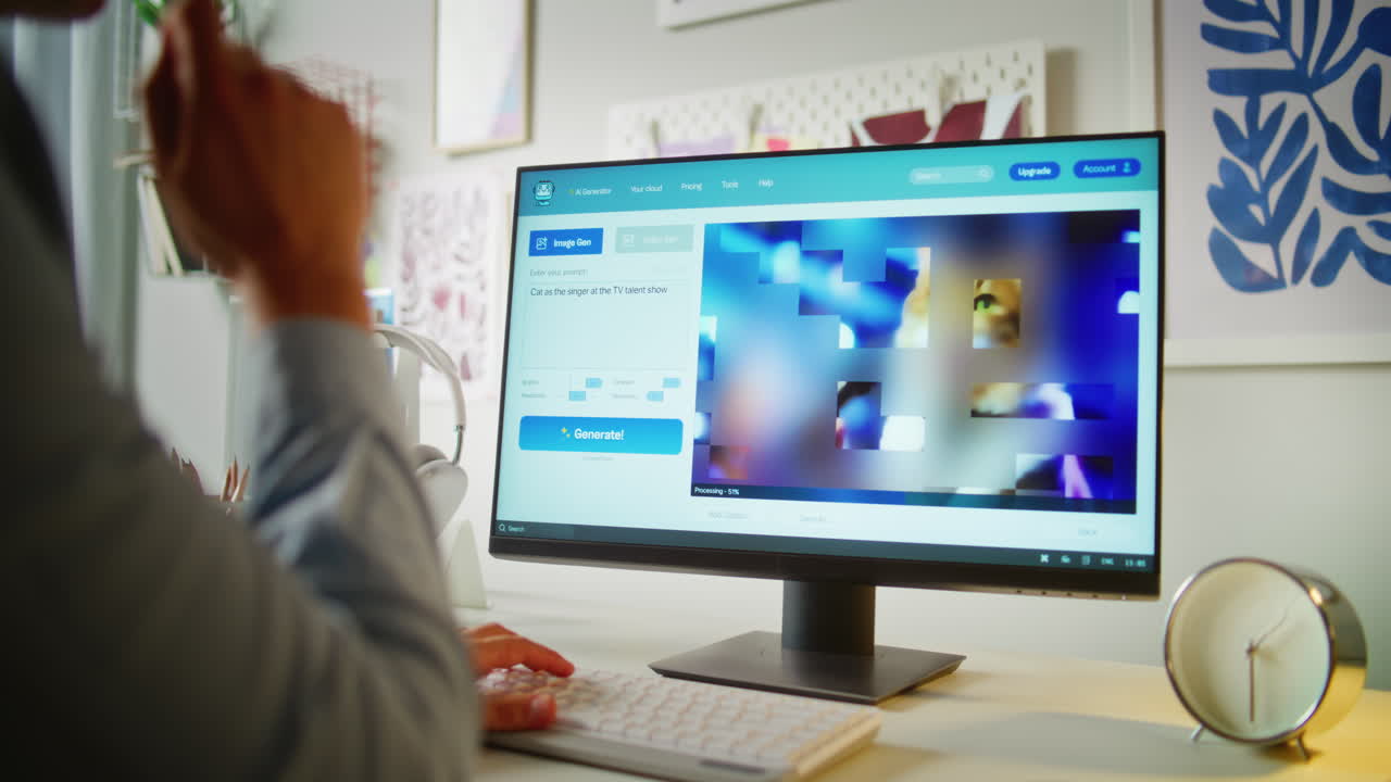 Person using a computer to edit videos and images, potentially online.  Possible cat meme video.