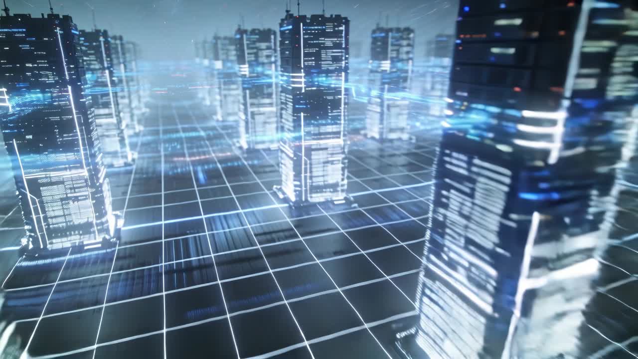 Advancing camera revealing lit towers on grid sending blue data linking nodes, showing links