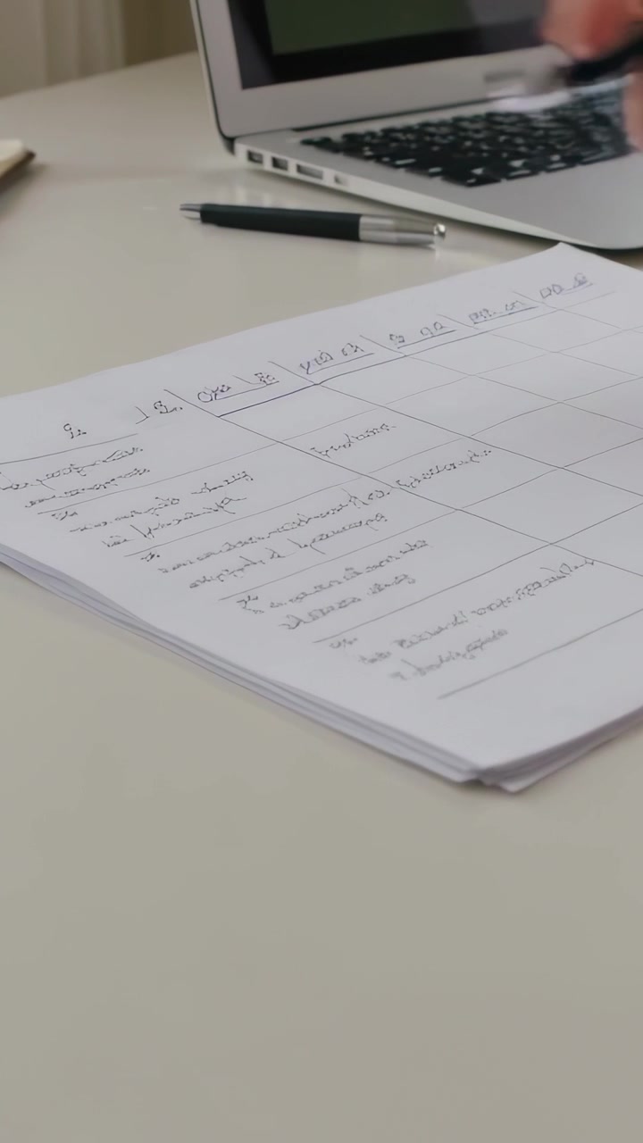 Video verticale: Mano destra che scrive toccando un tablet con una penna a scatto, riempiendo una griglia alla scrivania per la pianificazione.