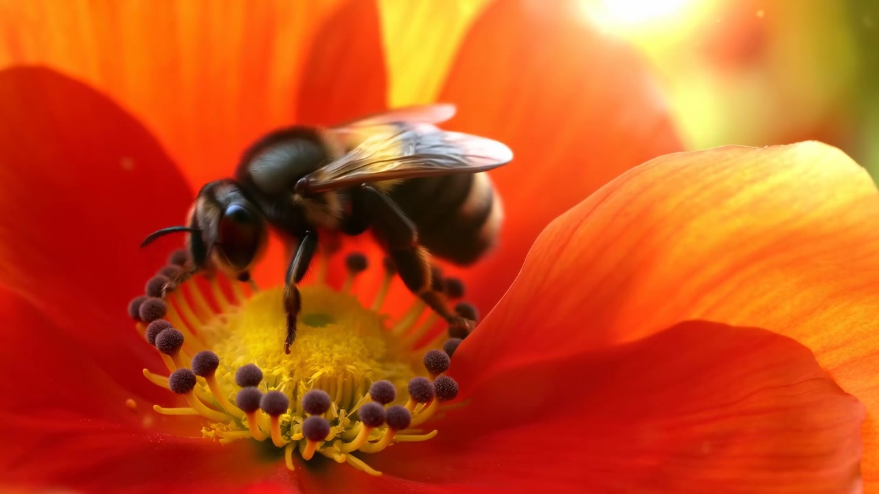 Close macro view follows a striped bee moving around the flower disk, touching clustered stamens while red and orange petals surround the insect in bright, softly glowing light.