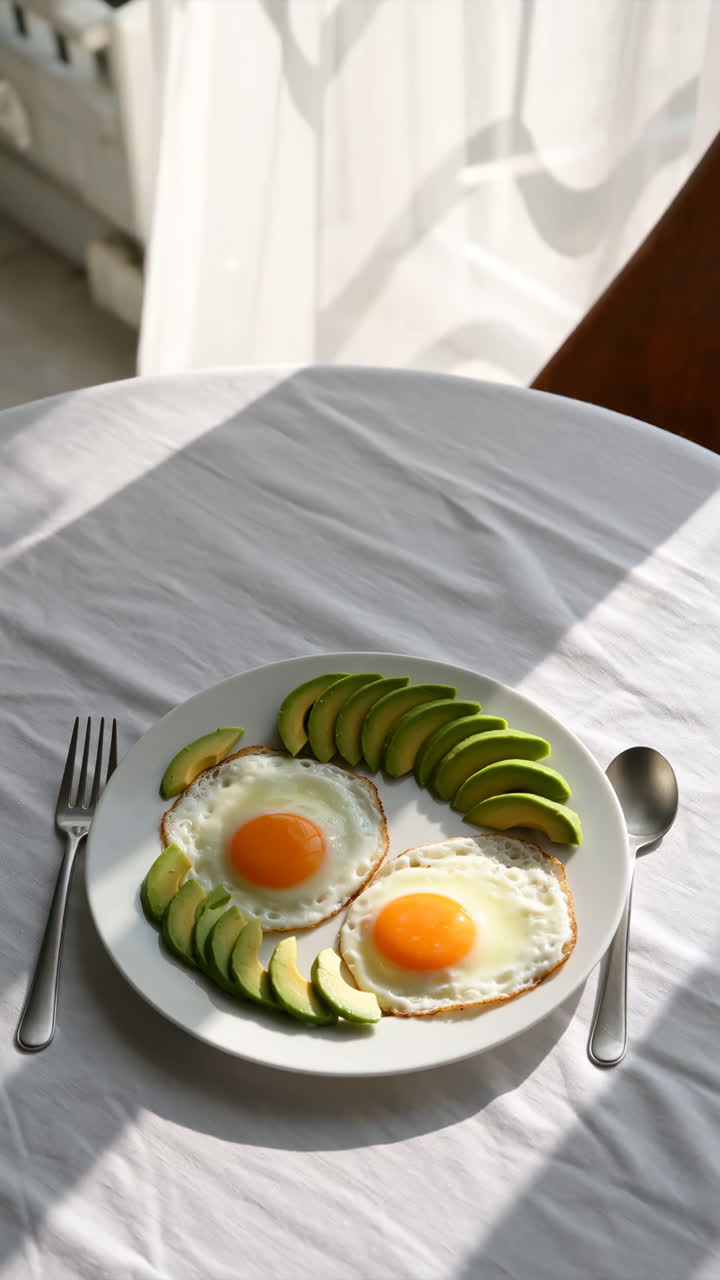Sunny Breakfast: Fried Eggs and Sliced Avocado on a White Plate