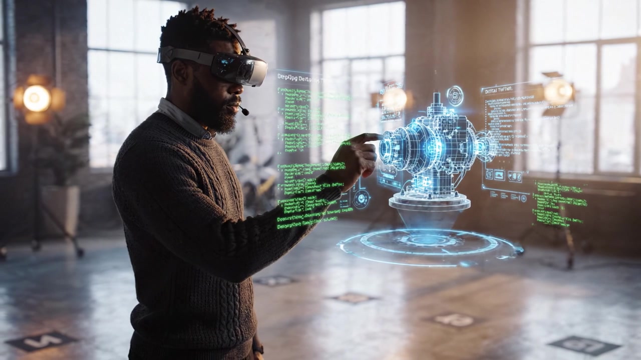 A Virtual Reality User Engages with 3D Holographic Technology Display in a Modern Studio Environment, Showcasing Advanced Graphics and Interactive Innovation