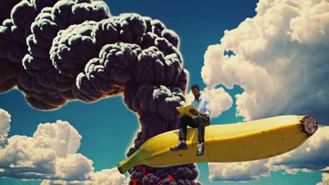 a man reads a book while riding a banana in the sky amidst an explosion