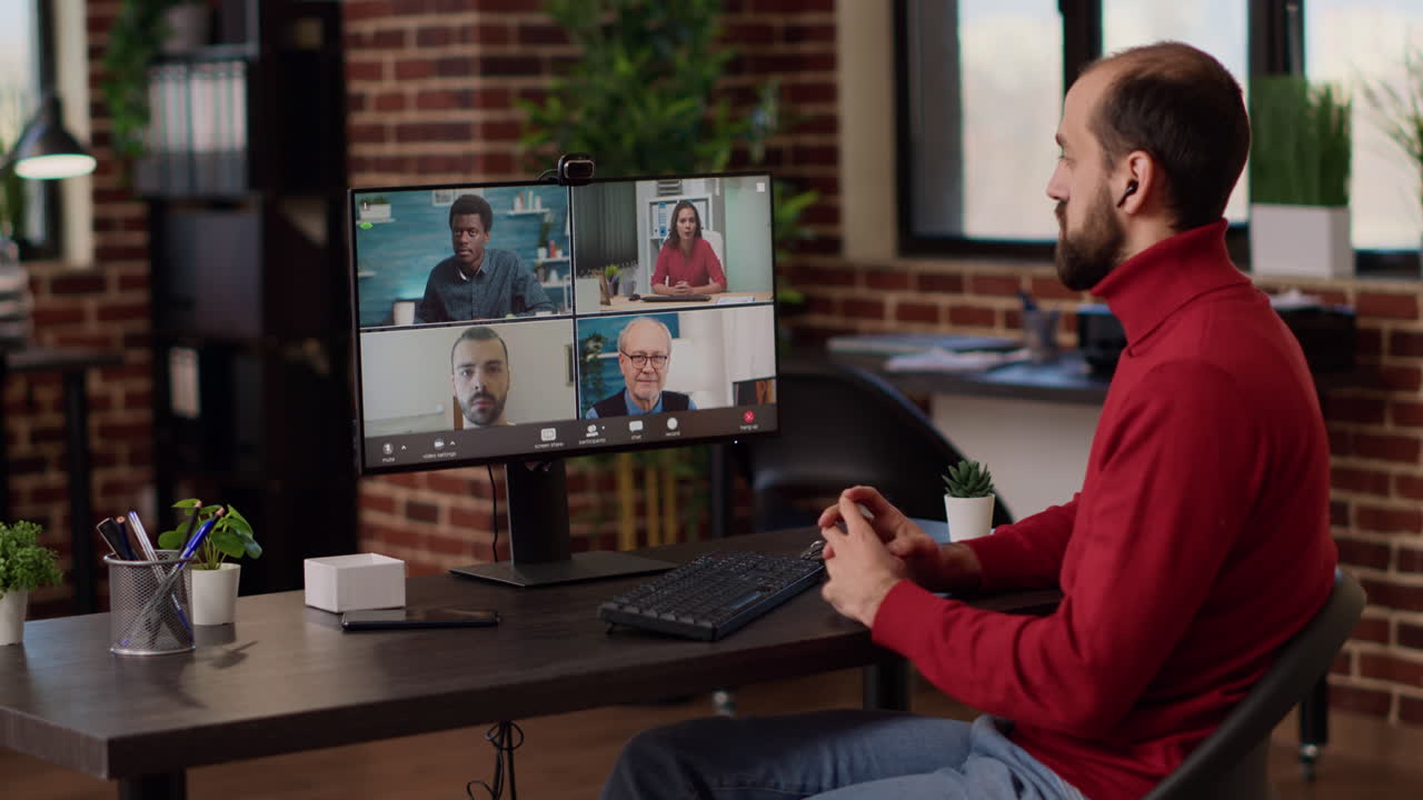 Executive manager using online teleconference conversation