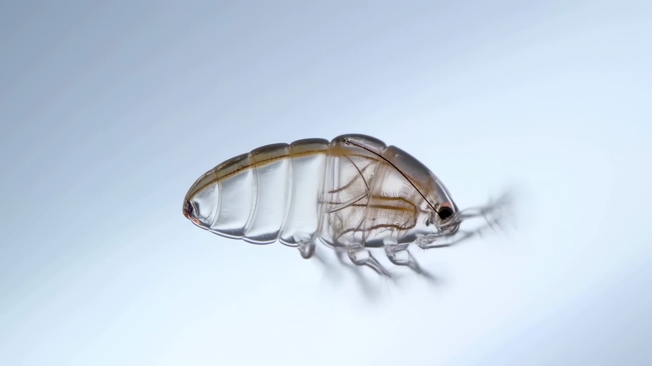 Una vista laterale ravvicinata mostra una pulce traslucida che flette ripetutamente le zampe e le appendici anteriori mentre il suo corpo segmentato rimane quasi immobile contro uno sfondo azzurro tenue e delicatamente illuminato.