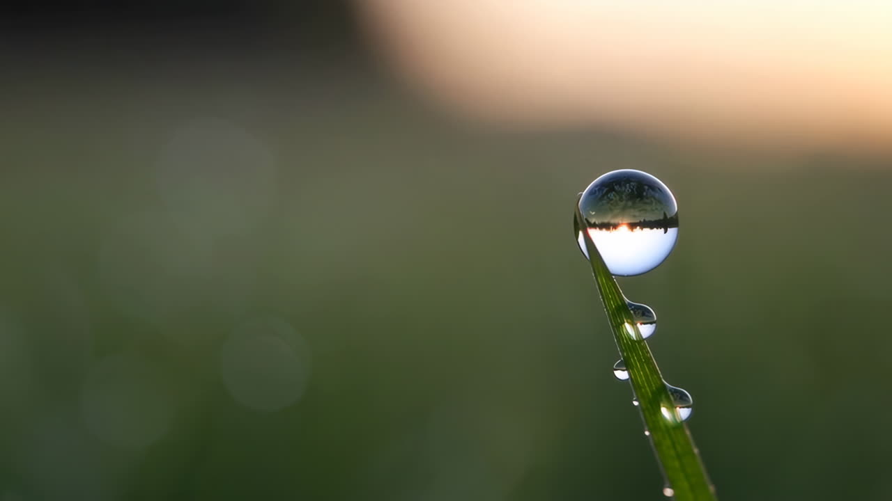 Dewdrop reflecting sunrise on a blade of grass