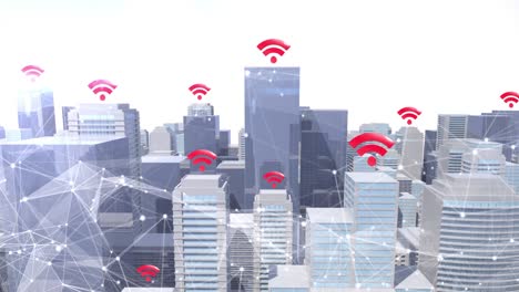 animation of red wifi symbols and network of connections of modern cityscape