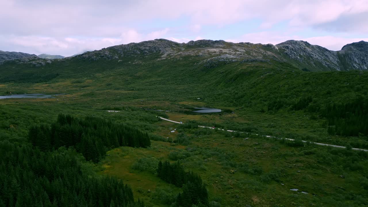 Aerial shot flying through the grass forest tree landscape in Lofoten Northern Norway Europe with the road winding through the scenery of lakes and green views