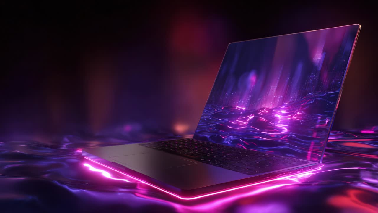 A mesmerizing depiction of a futuristic laptop with a vibrant, glowing screen reflecting a digital landscape, set against a backdrop of luminous liquid waves, showcasing the beauty of technology and art