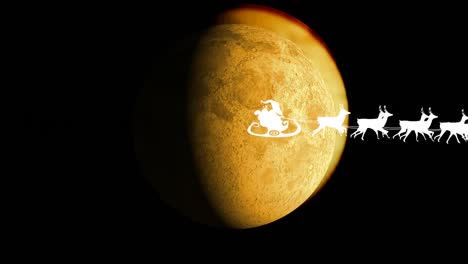 Animation-of-santa-claus-in-sleigh-with-reindeer-passing-over-moon-and-stars