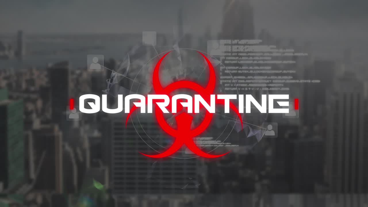 데이터 처리 및 도시 풍경에 대한 코로나 19 경고 텍스트의 애니메이션