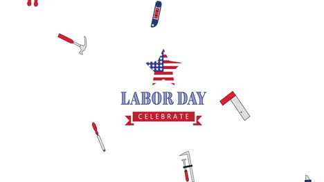 Animation-of-labor-day-text-over-falling-tools-on-white