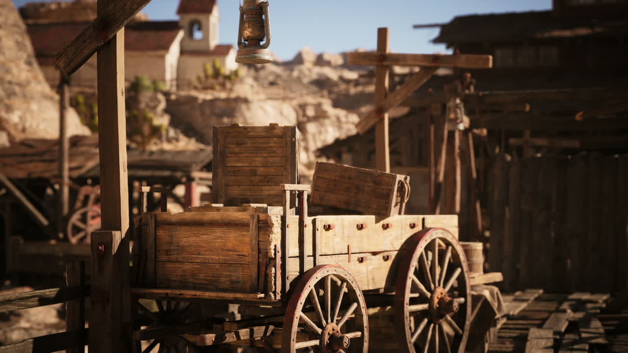 Old wooden cart filled with crates in a rugged western mining town setting