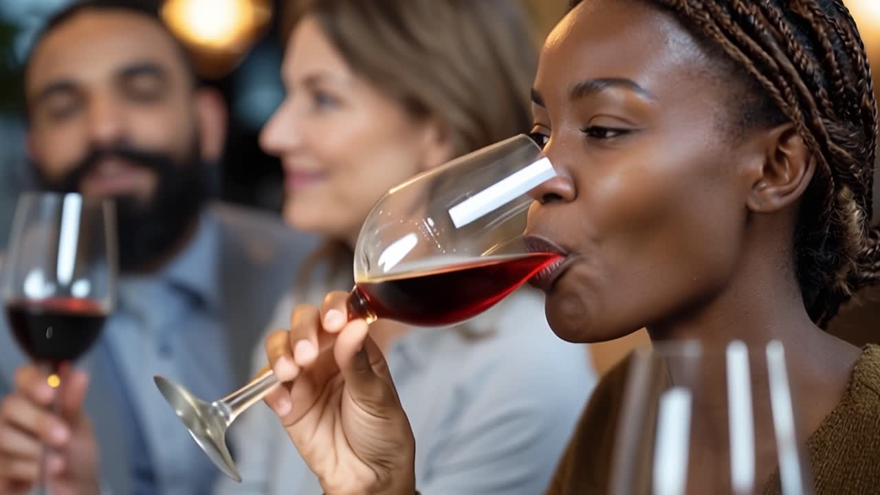 Warm lighting highlights joyful smiles around wine glasses. Friends relax, sharing laughter and wine in a cozy setting. Fingers gently hold glasses, eyes bright with shared happiness