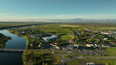 hella city during sunset iceland aerial shot