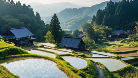 Scenic rice terraces in a mountainous Japanese village
