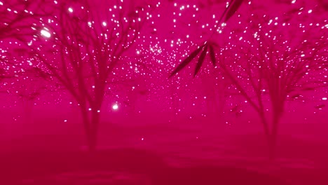 animation of snow falling and trees over pink background