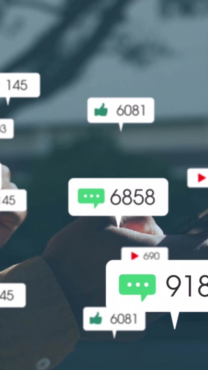 Animation of social media icons with numbers over african american man using smartphone