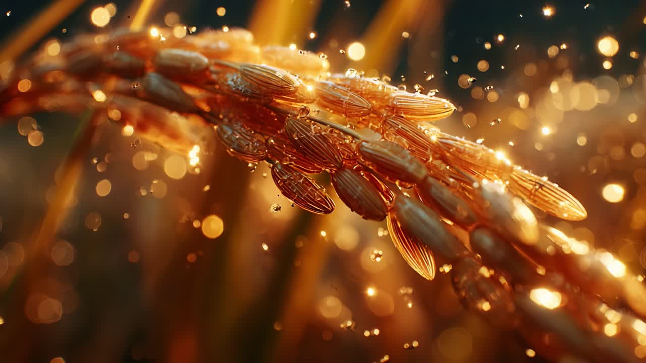 A Close-Up View of Glimmering Golden Rice Grains Bathed in Morning Dew, Highlighting Their Intricate Texture and Beauty Against a Soft Background of Blurred Bokeh Lights