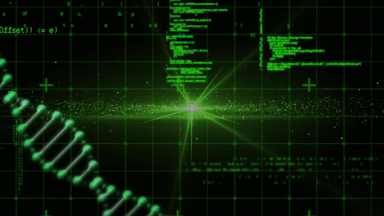 Animation of data processing over 3d dna strand spinning