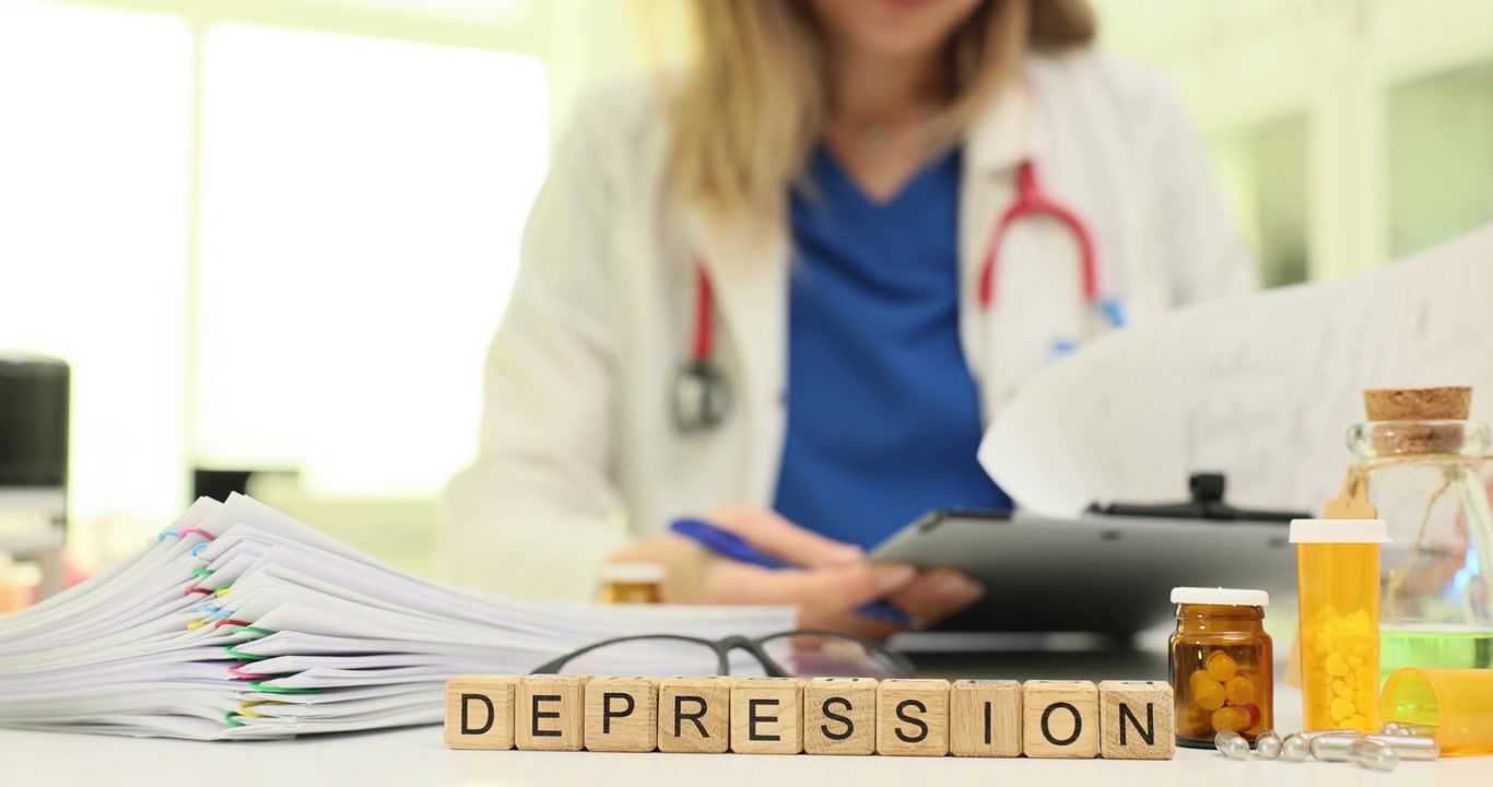 Word depression of wooden cubes and psychologist with papers
