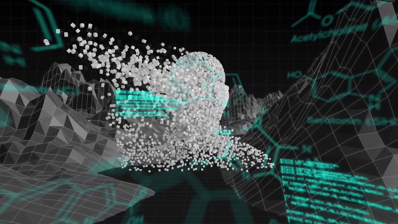 Animation of metaverse and diverse data processing over human model on black digital background