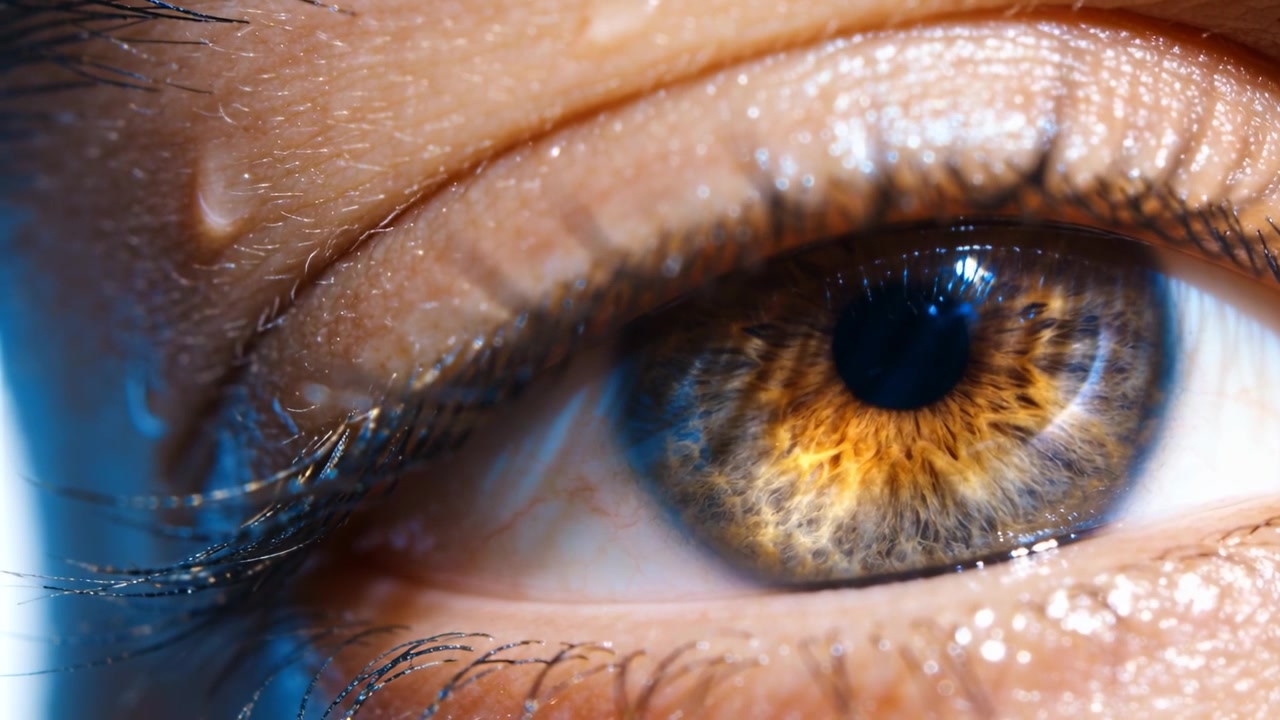 Initiating blink, human eye slowly closing in macro studio, amber-hazel iris and tear shining