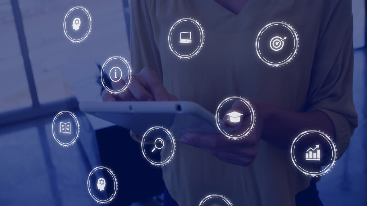 animación de iconos de negocios sobre una mujer de negocios biracial usando una tableta