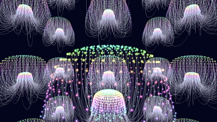 Glowing jellyfish in the ocean ethereal tentacles sway with the current