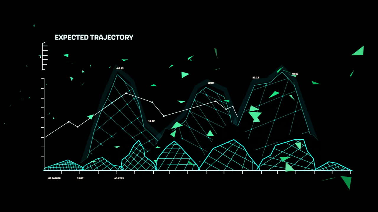 Animation of green geometric shapes forming trajectory on black background