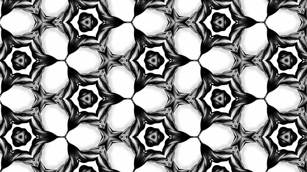 animación en bucle sin costuras de 4k de patrón en blanco y negro con cintas son retorcidas y forman estructuras circulares complejas como patrón de adorno simétrico o caleidoscópico