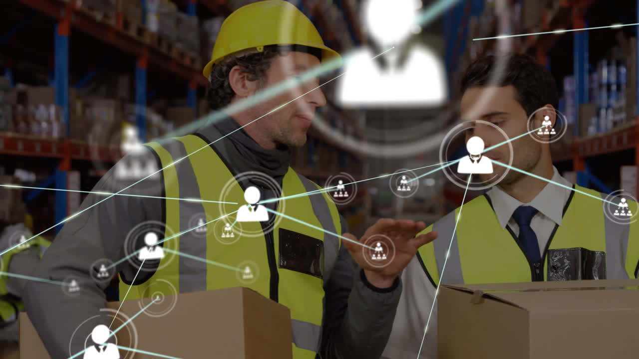 animación de la red de conexiones con iconos sobre hombres que trabajan en la oficina