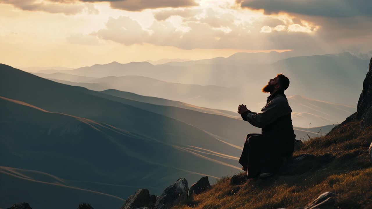 Man sitting on a mountain slope, contemplating a breathtaking mountain landscape at sunset, embracing the peace and tranquility of nature while enjoying moments of solitude and reflection